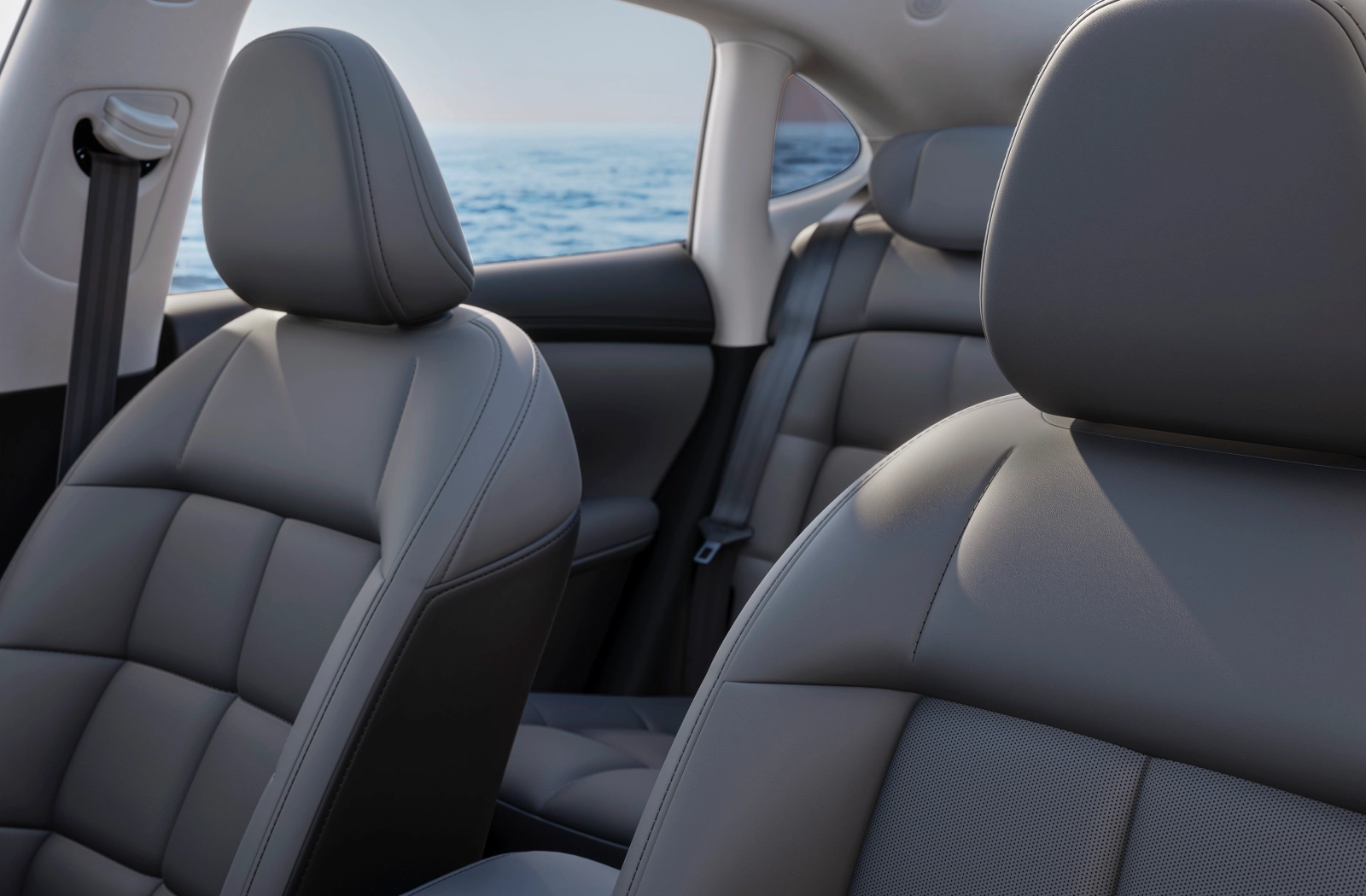 A view of the interior of the IM5 car. It has grey seats.