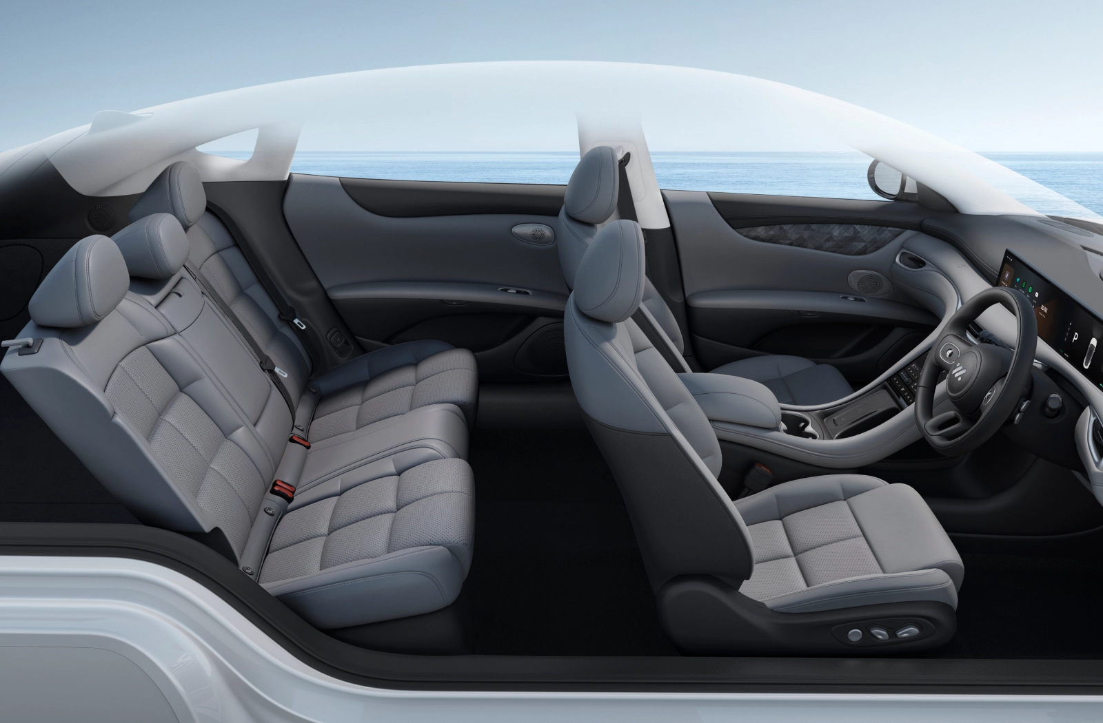 A photographic diagram of the IM6 car interior viewed from outside, through a roof and doors that have been made to look transparent to show a better view of the interior